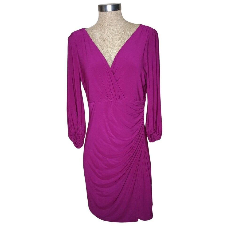 ANNE KLEIN Faux Wrap Dress Sz 6 Magenta Pink V-Neck Midi Ruched Career NWT $99